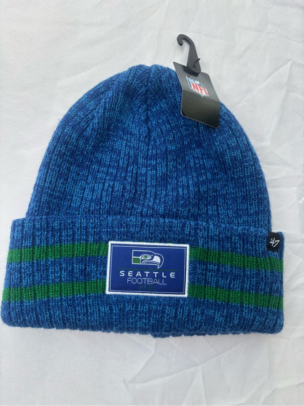 47 Brand Blue Knit Beanie with Green Stripe